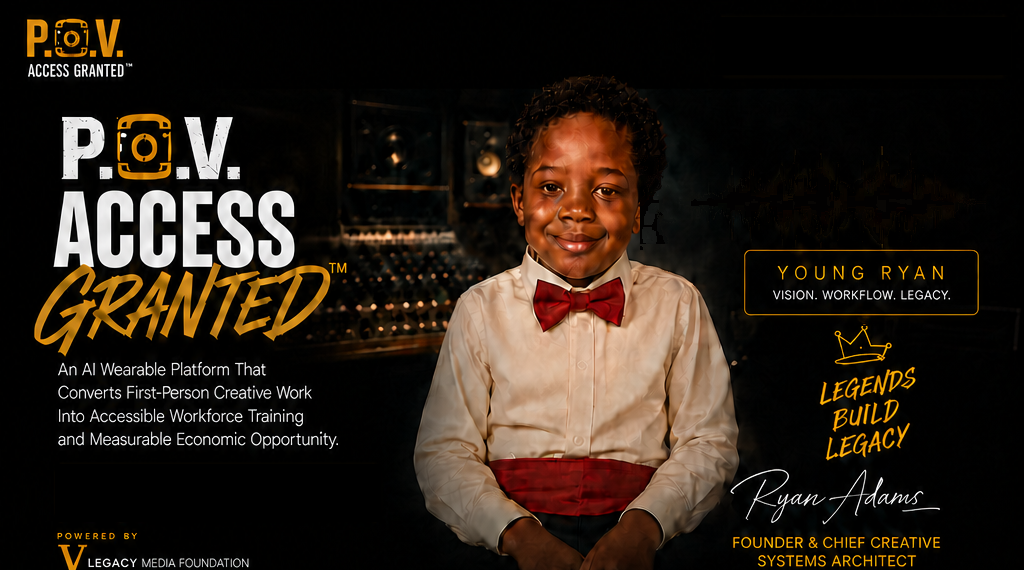P.O.V. Access Granted — An AI wearable platform that converts first-person creative work into accessible workforce training and measurable economic opportunity. Founded by Ryan Adams, powered by V Legacy Media Foundation.